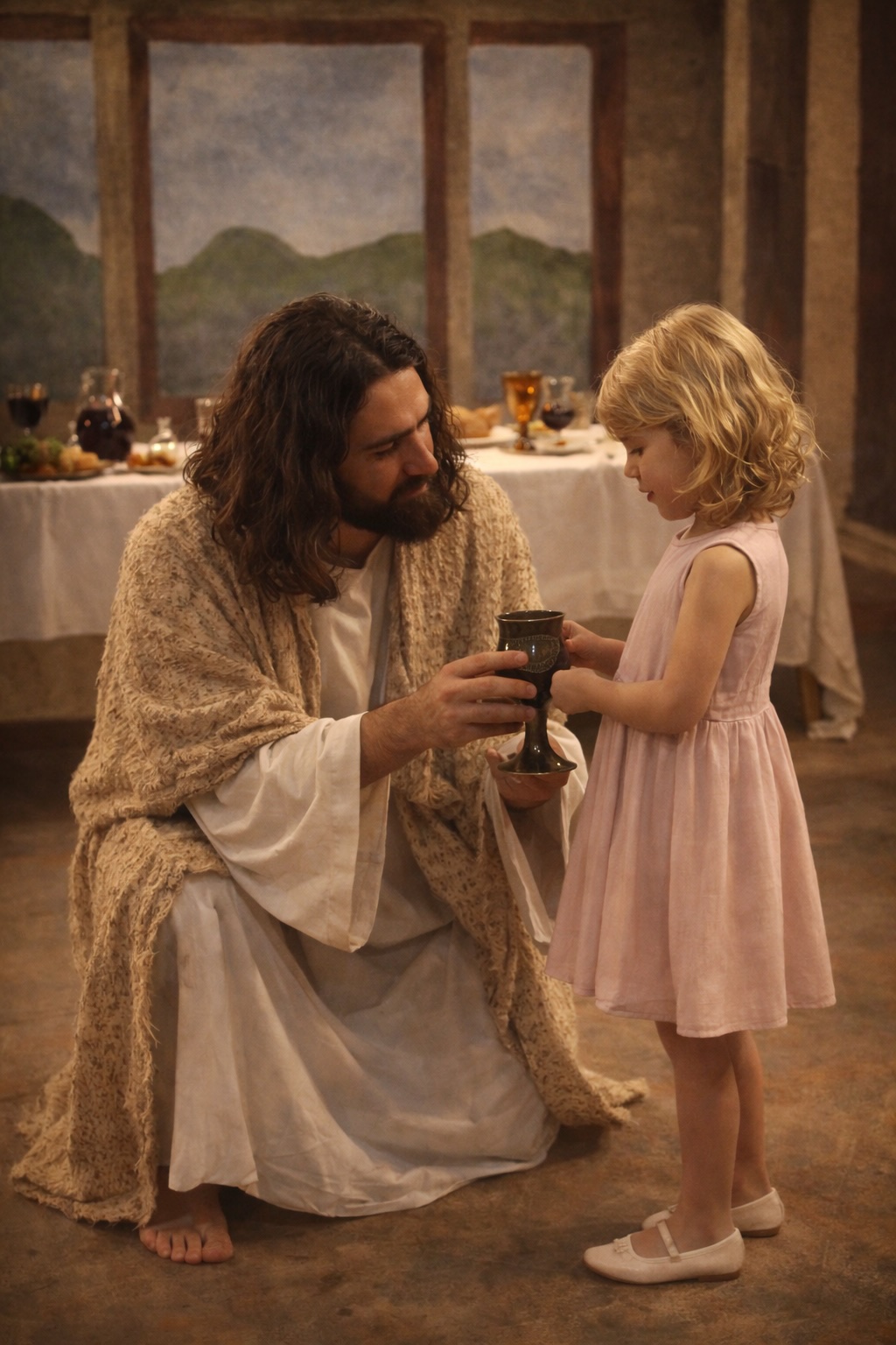 Jesus serving communion to a young girl