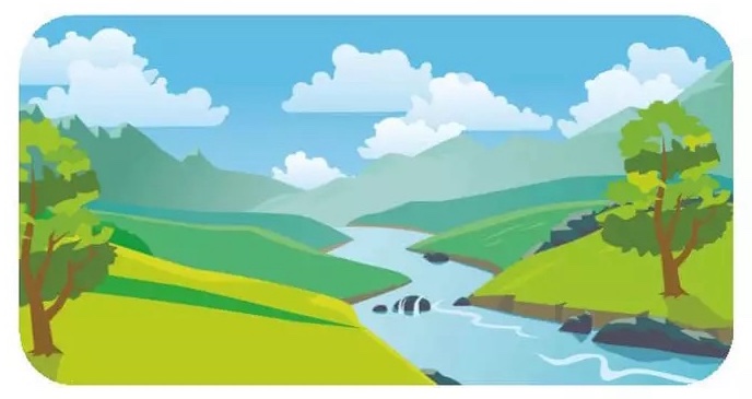 River winding through countryside with rolling hills and leafy trees